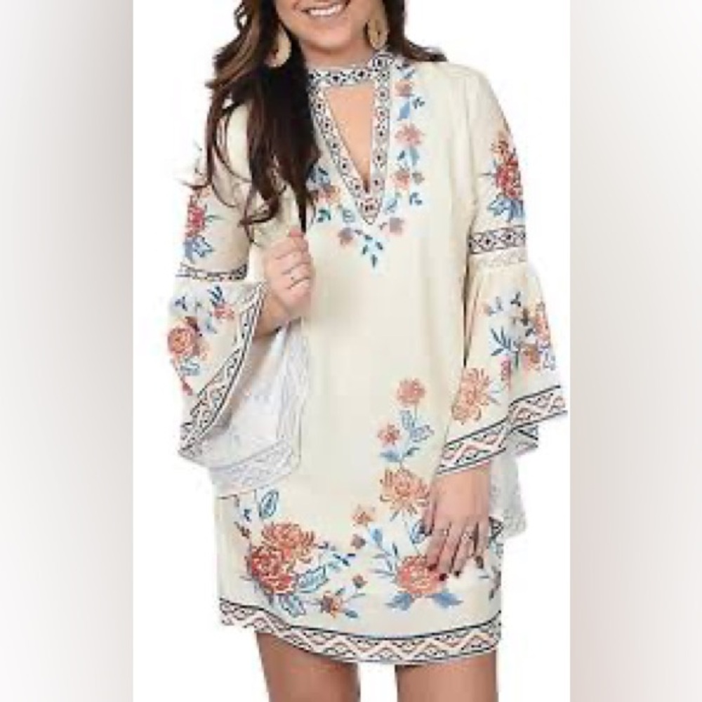 NWOT | Flying Tomato | Printed Tunic Dress | Boho | Ivory Multi | M | Flaw